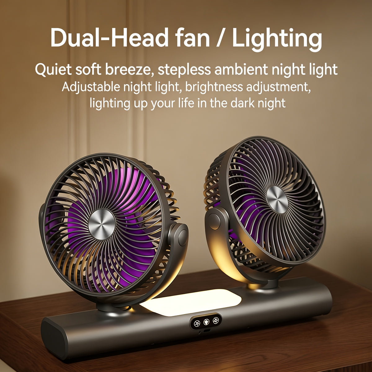 Twin-Head USB Desk Fan with Listed Three-Speed Adjustment, Multi-Angle Airflow and Night Light in Off White or Grey for Home, Office and Camping Spaces