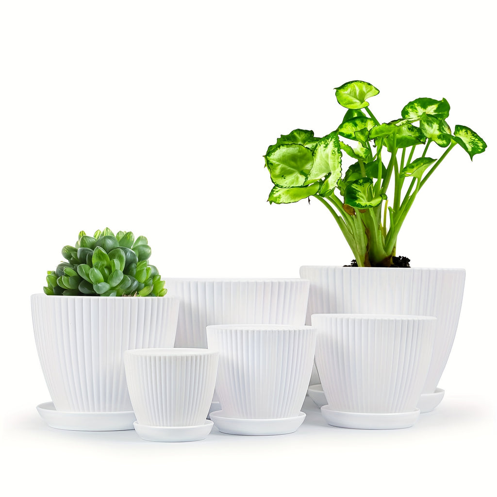 Resin Planter Pots Set with Listed Six-Pack Assortment and 3.5 to 7.5-Inch Size Labels, White, Light Green or Dark Blue Options for Indoor Plant Displays
