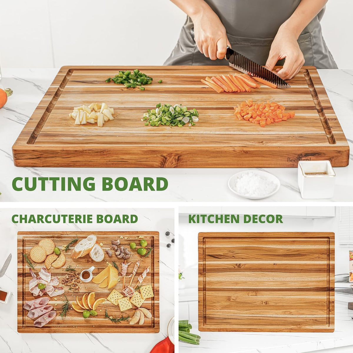 Large Wooden and Bamboo Cutting Board with Listed Juice Trough, Ordinary and Upgrade Size Options for Kitchen Food Preparation, Cheese Serving and Everyday Chopping
