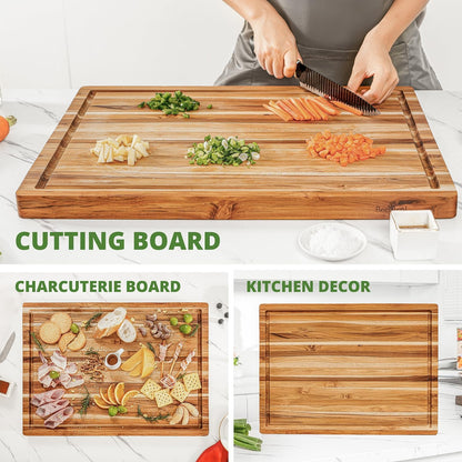 Large Wooden and Bamboo Cutting Board with Listed Juice Trough, Ordinary and Upgrade Size Options for Kitchen Food Preparation, Cheese Serving and Everyday Chopping
