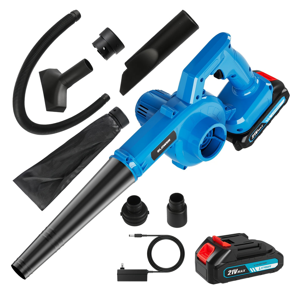 Cordless Leaf Blower and Vacuum with Extension Tube for Yard Cleanup, Handheld Tool in Black One-Battery, Blue Two-Battery and Five-Piece Kit Options