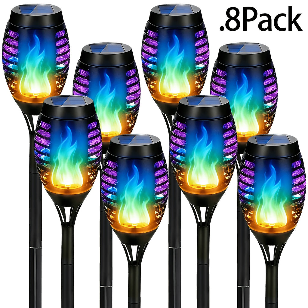 Solar Torch Lights with Flickering Flame Effect, 8 or 12 Pack Ground-Mounted Decorative Garden Lamps with Color Options for Outdoor Parties and Halloween Displays