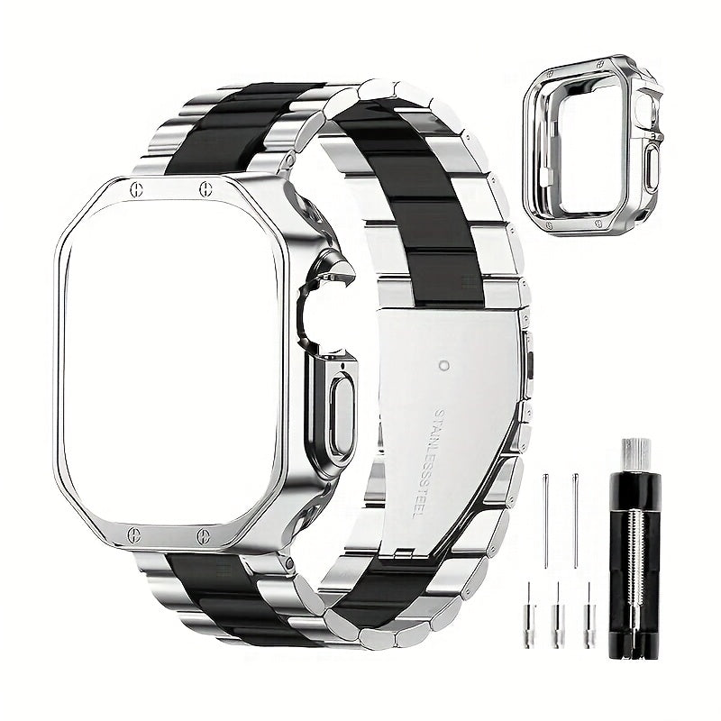 Stainless Steel Link Watch Band for Compatible Apple Watch Models with Listed Watch Case and Link Adjustment Tool, Multiple Size and Color Options for Everyday Style