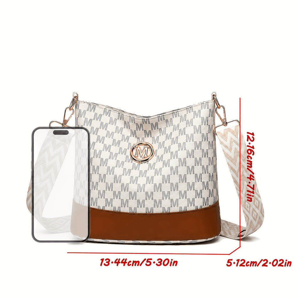 Patchwork Shoulder and Crossbody Bag with Vintage Styling and Wide Lettered Woven Strap, White or Brown Options for Workday Outings, Shopping and Dining