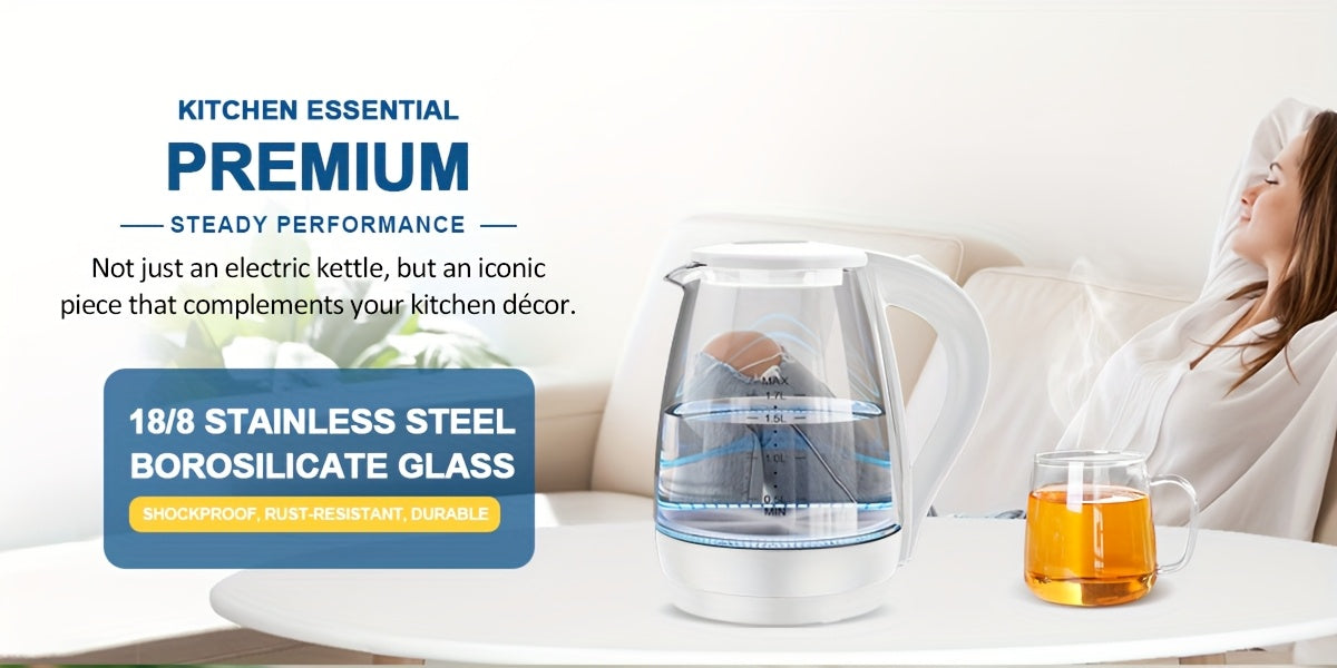 Blue LED Glass Electric Kettle with Listed 1.7L Capacity and 1200W Heating, Angled Pouring Spout, Auto-Shutoff and Boil-Dry Protection for Tea and Hot Water