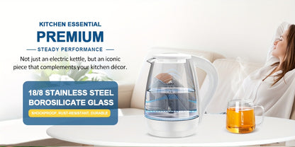 Blue LED Glass Electric Kettle with Listed 1.7L Capacity and 1200W Heating, Angled Pouring Spout, Auto-Shutoff and Boil-Dry Protection for Tea and Hot Water