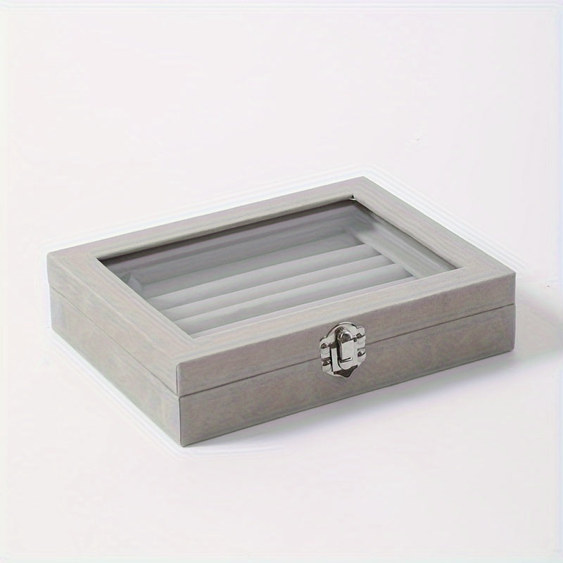 49-Ring Jewelry Storage Box with Glass-Like Plastic Lid and Buckle Closure, Rectangular Ring and Earring Organizer in Gray, Pink, White or Black for Dressers