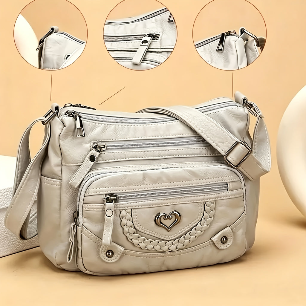 Grey Crossbody Bag with Heart Detail and Adjustable Shoulder Strap, Retro PU Purse with Multiple Zipper Pockets for Errands, Coffee Dates and Casual Daily Carry