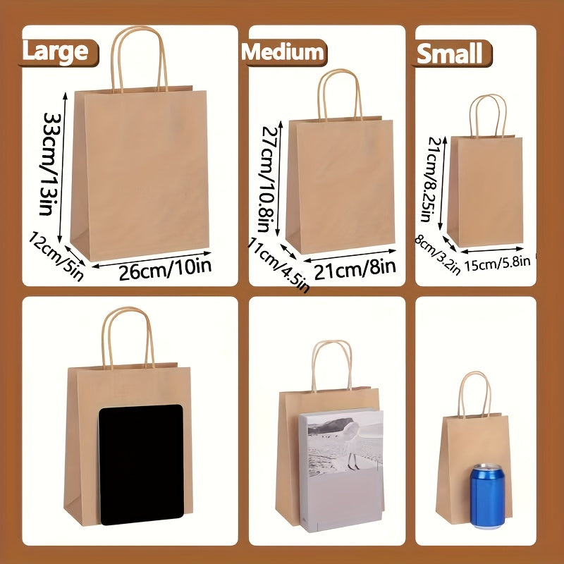 Kraft Paper Gift Bags with Twisted Handles, 100-Pack Bulk Packaging in Small, Medium and Large Size Options for Wedding Favors, Holiday Gifts and Retail