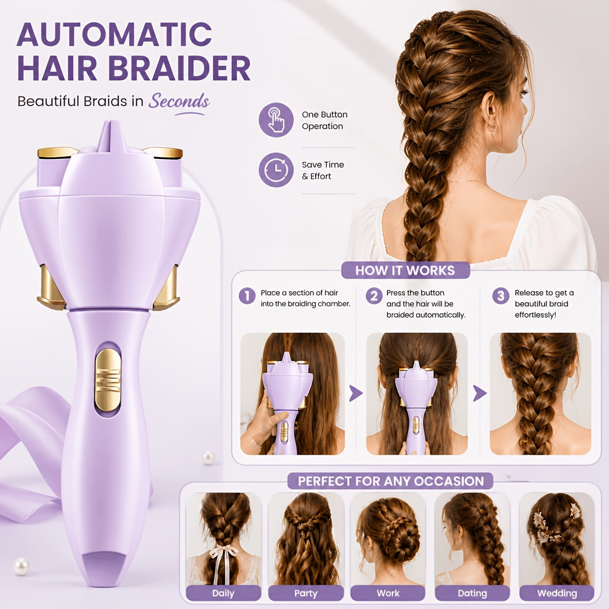 Automatic Hair Braider, Purple Cordless Electric Hair Twisting Tool with One-Button Control for DIY Everyday, Party and Wedding Styles, Battery Not Included