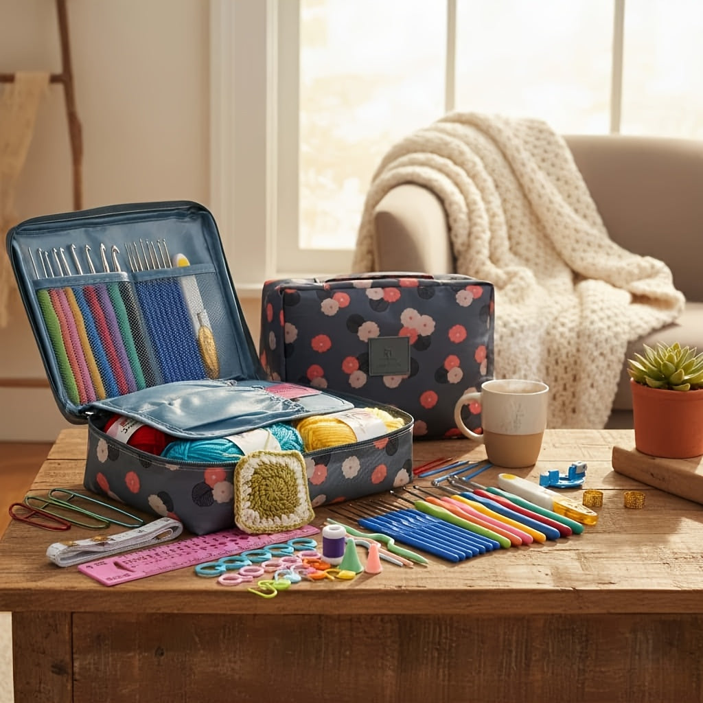 Soft-Grip Crochet Starter Kit with 17 Crochet Hooks, Five Acrylic Yarn Skeins and Printed Storage Bag, Beginner Craft Tools for Coasters, Scarves and Amigurumi