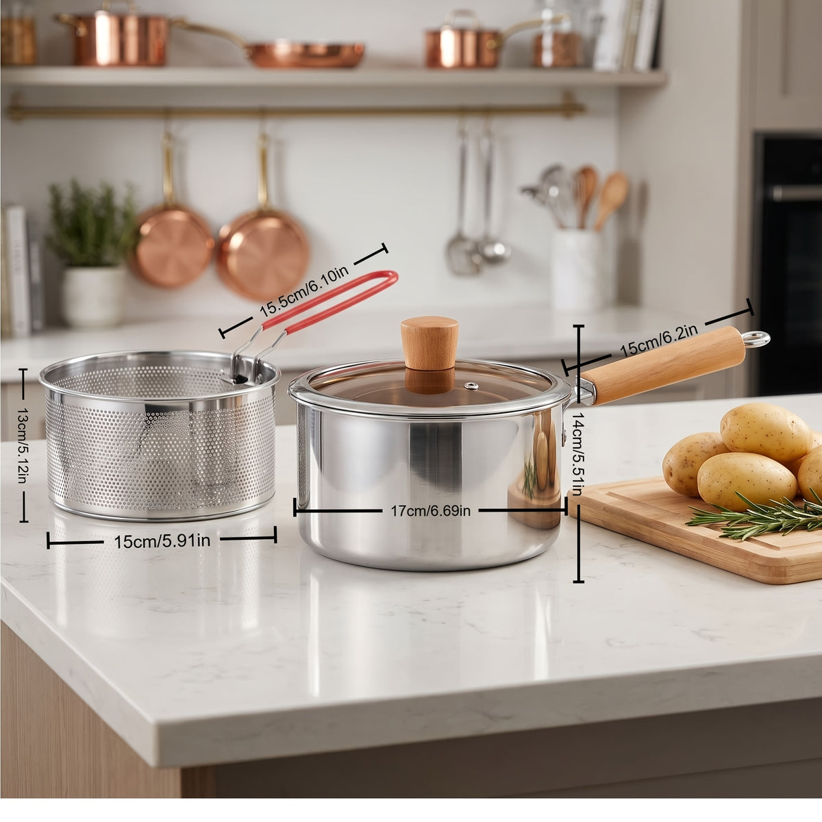 Stovetop Deep Fryer Pot with Frying Basket and Glass Lid, Listed 304 Stainless Steel Tempura Cookware for Fish, Shrimp, Chicken and Fries on Induction or Gas