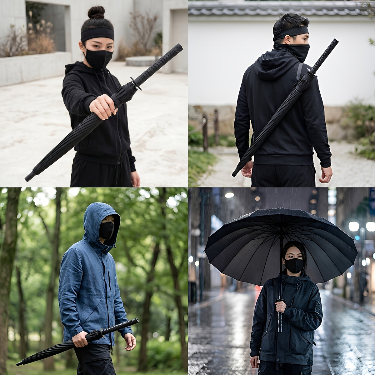 Samurai Umbrella in Black with Automatic Open and Close, Listed 24-Rib Steel Frame and Sword-Themed Styling for Rainy Days, Cosplay Outfits and Anime Fan Gifts