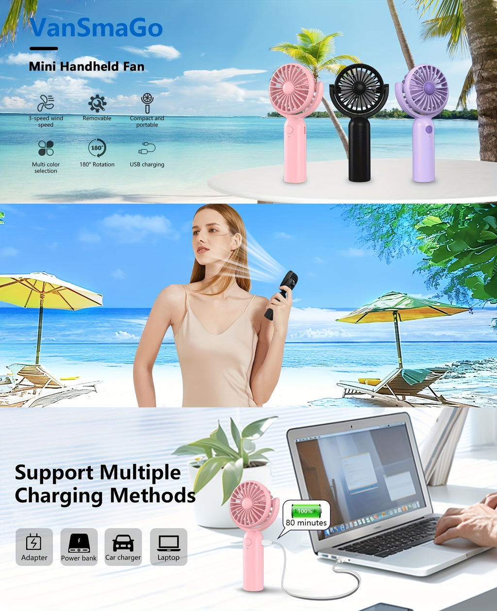 Rechargeable Handheld Fan 3-Pack in Pink, Purple and Black with Three Speeds, USB-C Charging and Listed 180-Degree Adjustment for Travel and Summer Outings