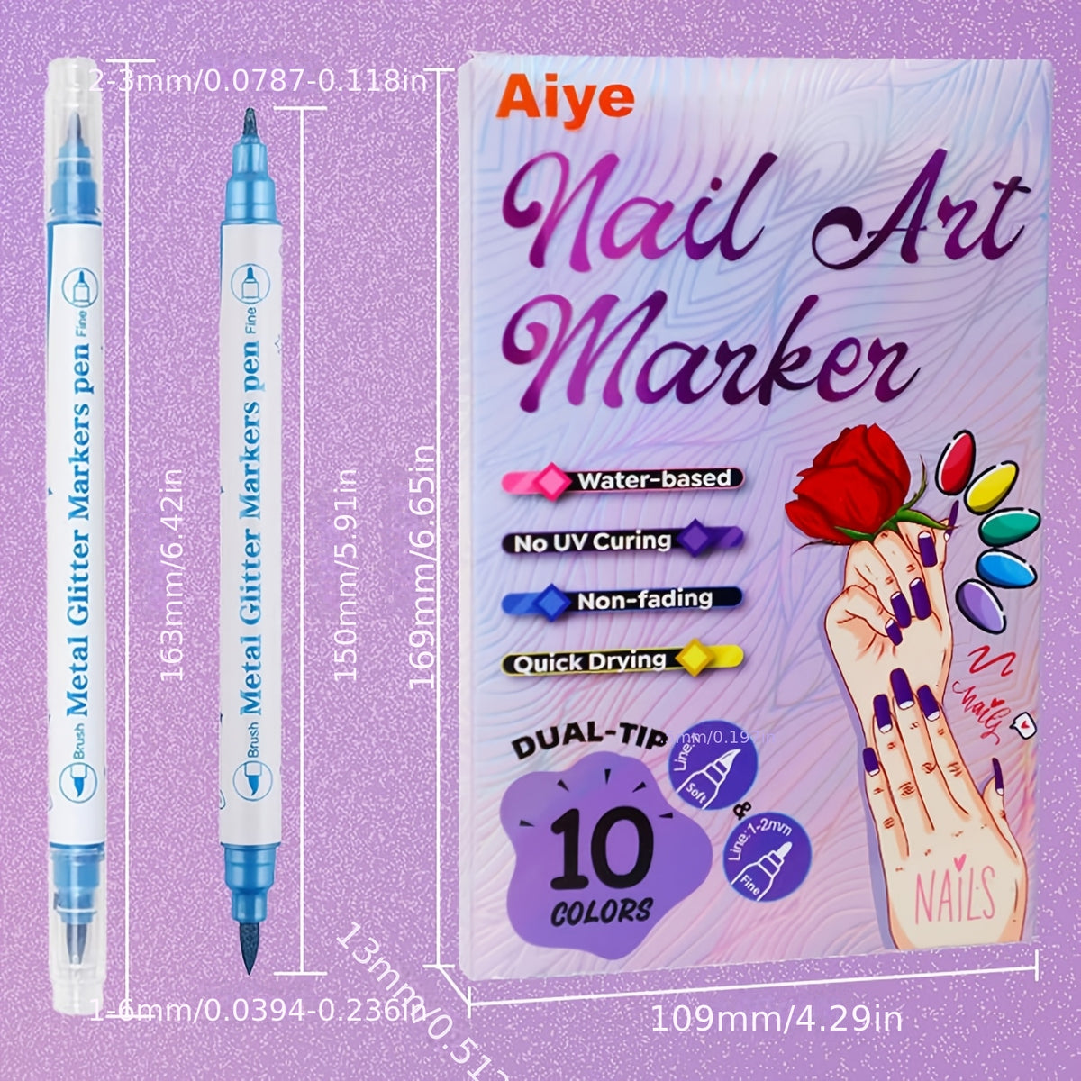 Metallic Nail Art Pens with Double-Ended Acrylic Paint Marker Design, 10-Color Quick-Drying Selection for Decorative Dots, Lines and DIY Home or Salon Manicures