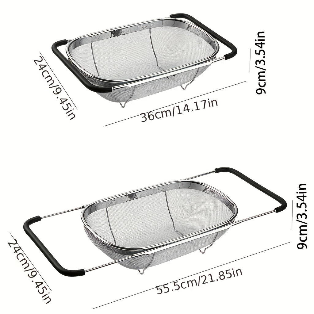 Adjustable Sink Colander Basket, One-Piece Kitchen Drain Rack with Stainless Steel Reference for Rinsing Vegetables and Draining Fruit in Compatible Sinks