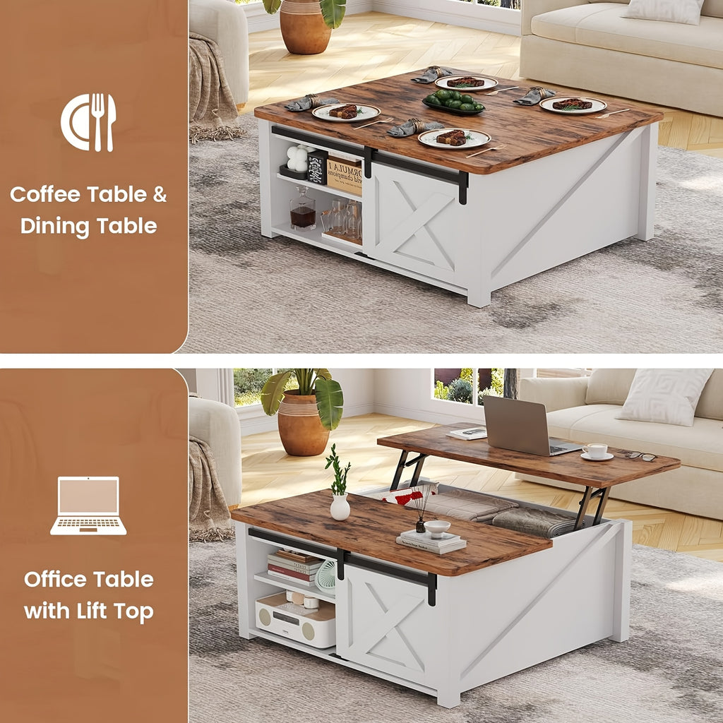 Lift Top Coffee Table with Storage, 31.5-Inch Square Farmhouse Design with Sliding Barn Door, Gas Strut Lift and Adjustable Shelves for Living Rooms