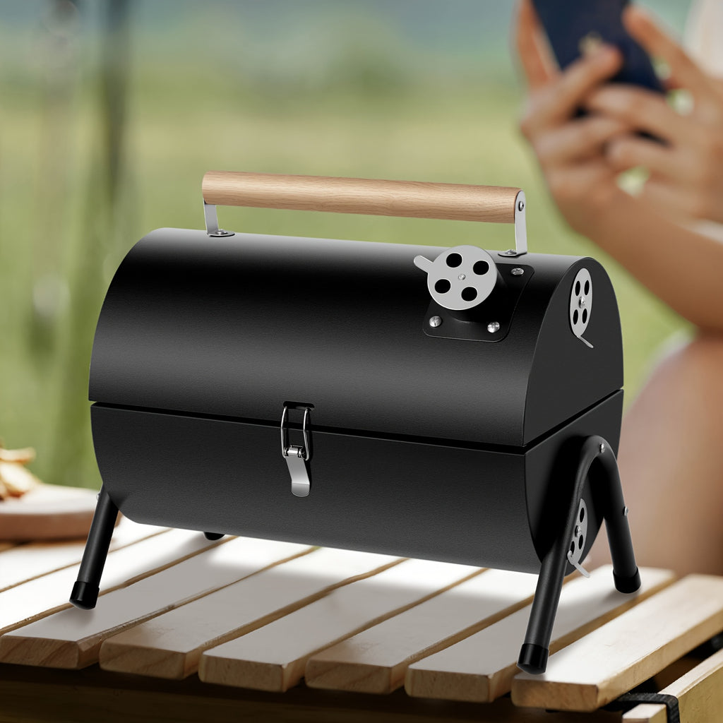 Barrel Charcoal BBQ Grill, Compact Foldable Black Outdoor Barbecue with Listed Double-Sided Griddle for Camping Meals, Picnic Cooking and Backyard Gatherings