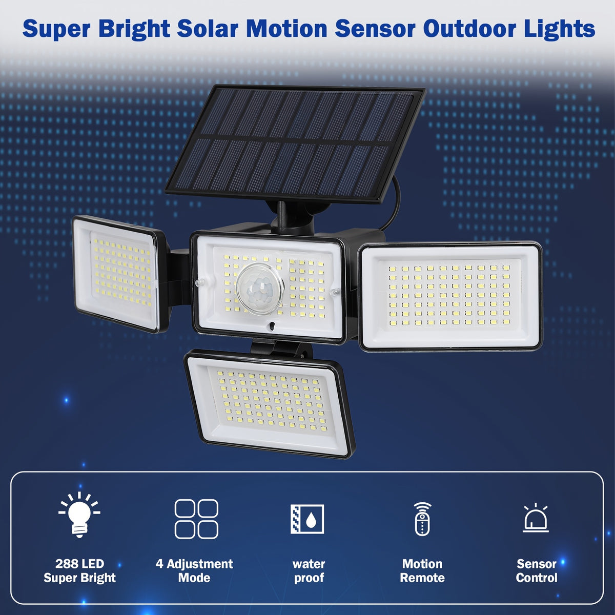 Four-Head Solar Motion Sensor Outdoor Lights, 2-Pack 288 LED Floodlights with Remote Control, 4 Lighting Modes and IP65 Rating for Yard, Patio and Garage