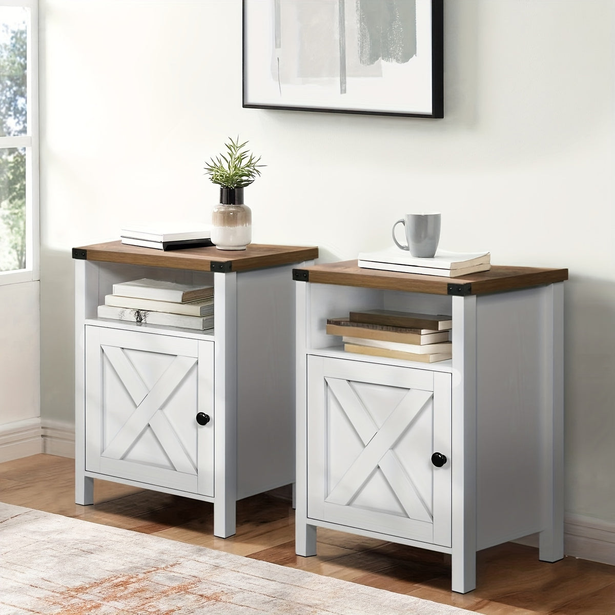Farmhouse Nightstand by OAKSTEAD with Barn Door and Shelf, Five Colors and Single or Two-Table Packs for Bedside Essentials, Living Room and Entryway Storage