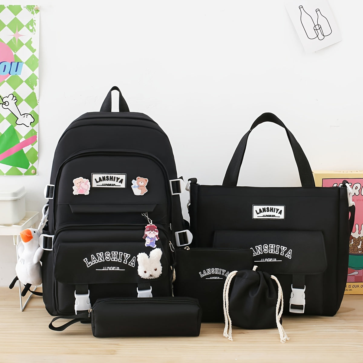 Solid-Color Canvas Backpack Set with Listed Five-Piece Format, Tote, Pencil Bag and Crossbody Wording, Four Pendant-Labeled Color Options for Student Daily Carry