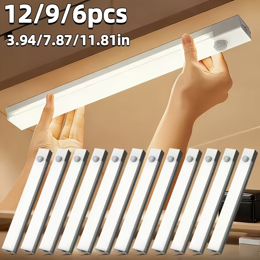 Rechargeable LED Motion Sensor Cabinet Lights, USB Wireless Under Cabinet Lighting, 3 Modes, Magnetic Stick-On Night Light Bar for Kitchen, Closet, Hallway, Stairs, Bedroom, 6/9/12-Pack, 3 Sizes