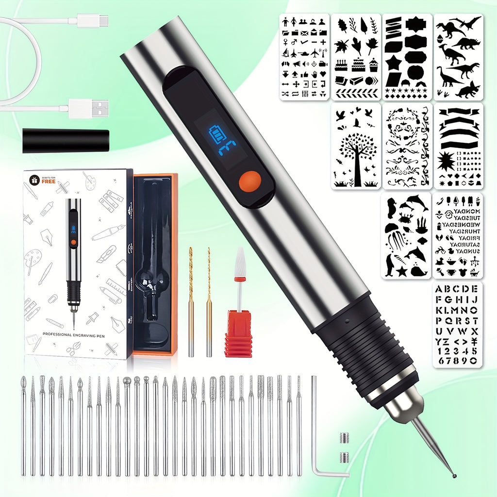 Rechargeable Engraving Pen Kit with Three Speed Settings, 30 Grinding Bits, 3 Drill Bits and 10 Plastic Stencils for Adult DIY Detail Work and Personalized Gifts