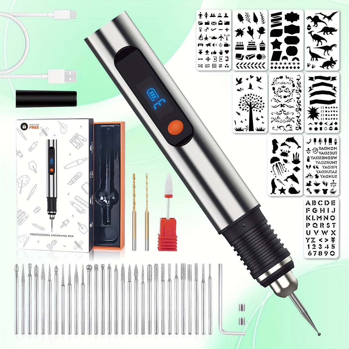Rechargeable Engraving Pen Kit with Three Speed Settings, 30 Grinding Bits, 3 Drill Bits and 10 Plastic Stencils for Adult DIY Detail Work and Personalized Gifts