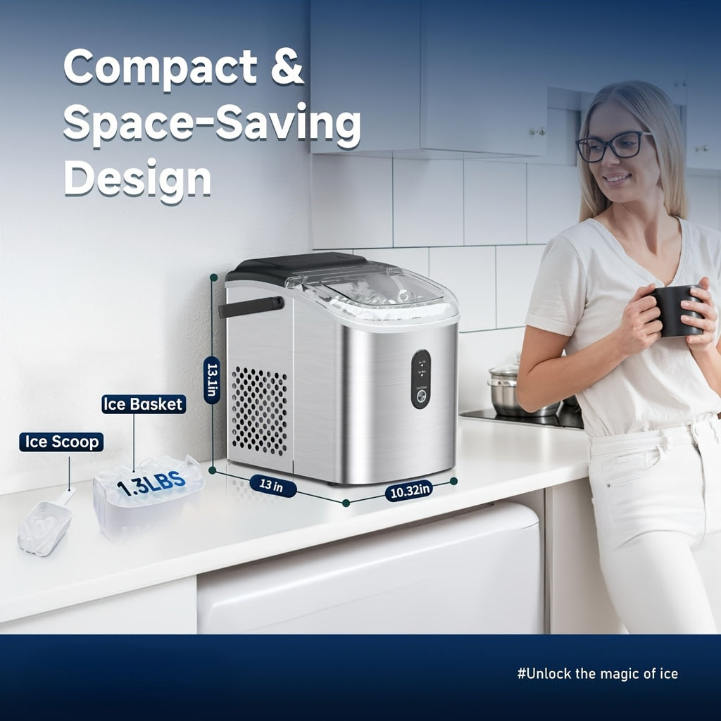 Carry-Handle Countertop Ice Maker with Bullet or Nugget Ice Option Labels, Self-Cleaning Wording, Basket and Scoop for Kitchen and Office Drink Preparation
