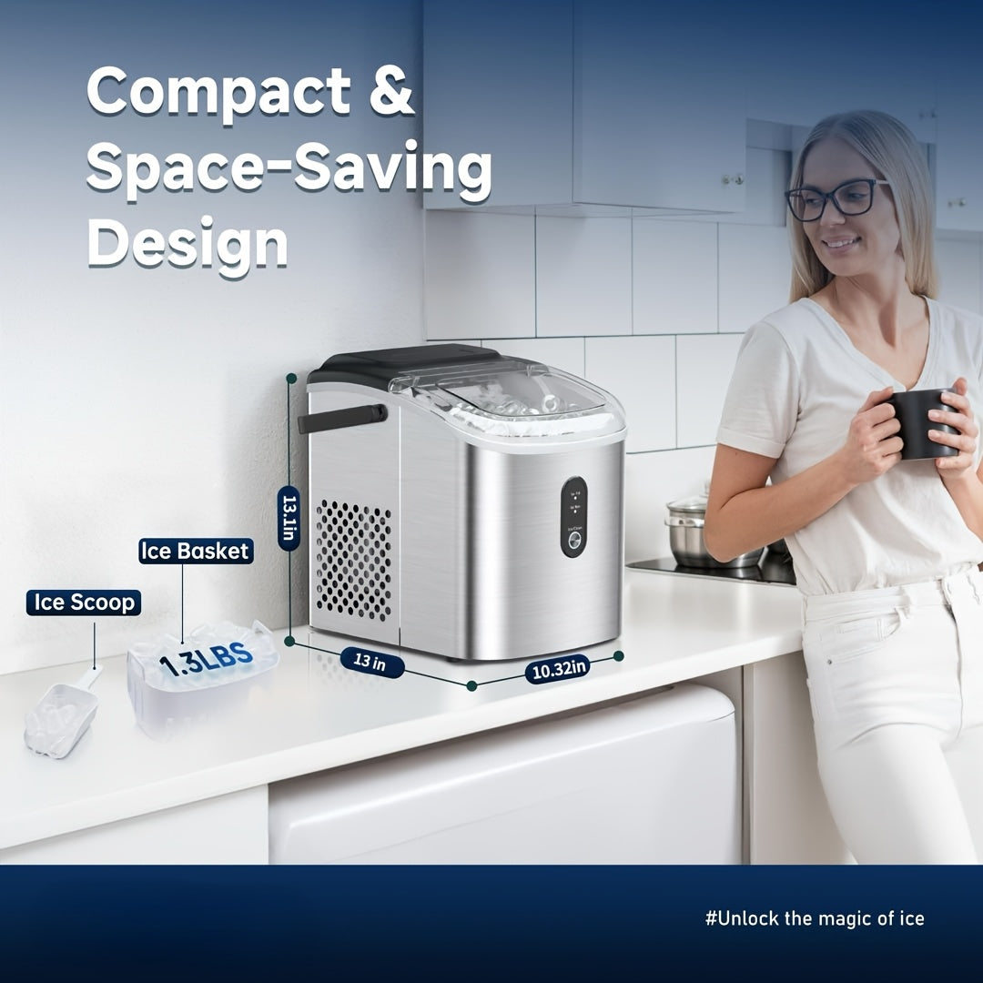 Carry-Handle Countertop Ice Maker with Bullet or Nugget Ice Option Labels, Self-Cleaning Wording, Basket and Scoop for Kitchen and Office Drink Preparation