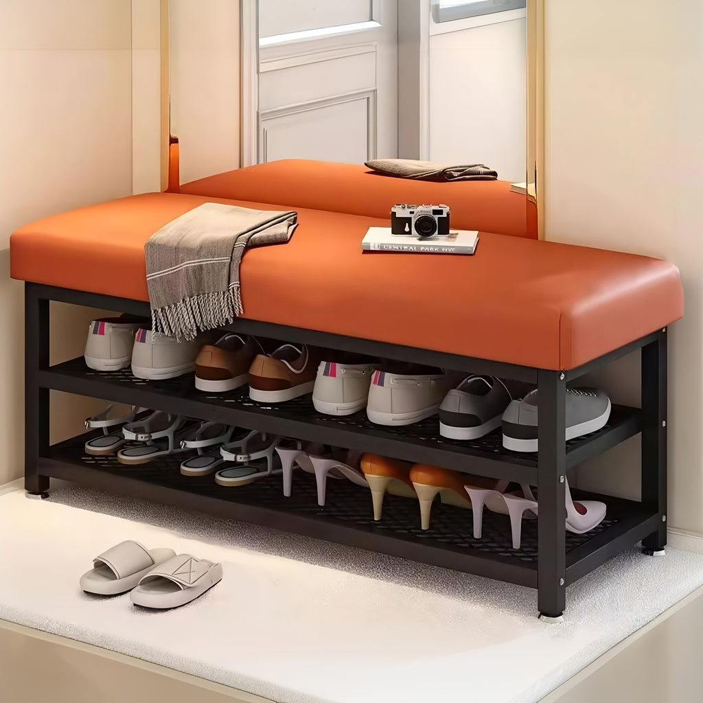Cushioned Shoe Storage Stool with Metal Frame and Shoe Rack for Entryway, Hallway and Bedroom Organization, Orange or Gray in Large and Small Options