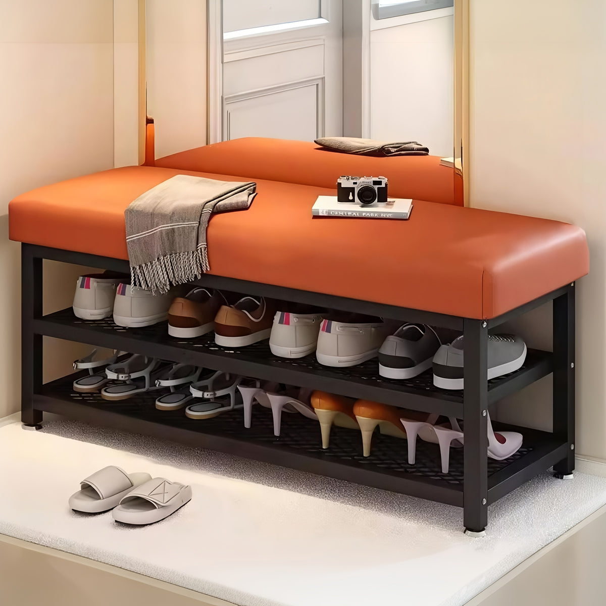 Cushioned Shoe Storage Stool with Metal Frame and Shoe Rack for Entryway, Hallway and Bedroom Organization, Orange or Gray in Large and Small Options