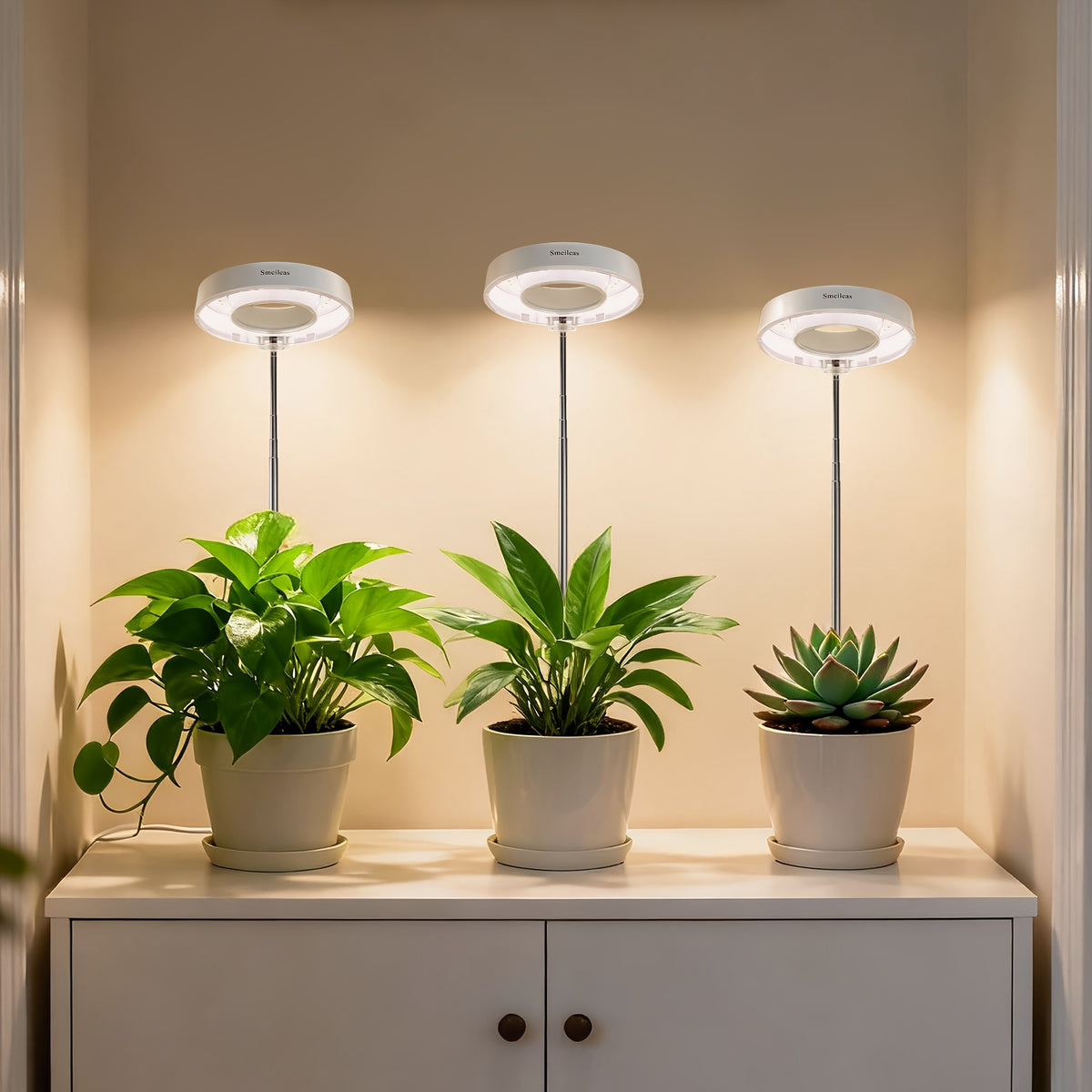 Full Spectrum Grow Light 3-Piece Set by Smeileas, Adjustable Brightness and Height with 3/6/9 Hour Auto On/Off Timer for Indoor Plant Care, White