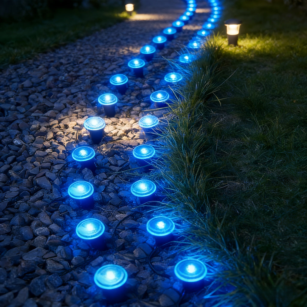 Purple or Blue Solar Lawn Stake Lights, 30 LED Style Options with Listed IP44 Rating for Garden Paths, Courtyards, Outdoor Parties and Wedding Decor