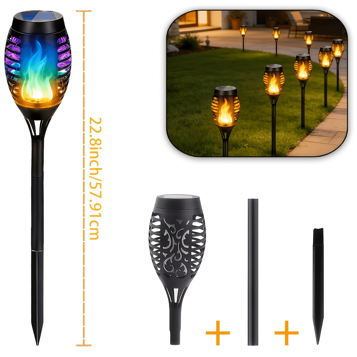 Solar Torch Lights with Flickering Flame Effect, 8 or 12 Pack Ground-Mounted Decorative Garden Lamps with Color Options for Outdoor Parties and Halloween Displays