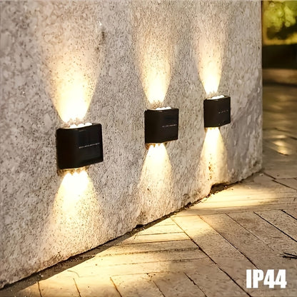 Solar Up and Down Wall Sconces with Listed 6-LED Design, White or Warm Light and 4- or 8-Piece Options for Outdoor Fence, Patio and Garden Decoration