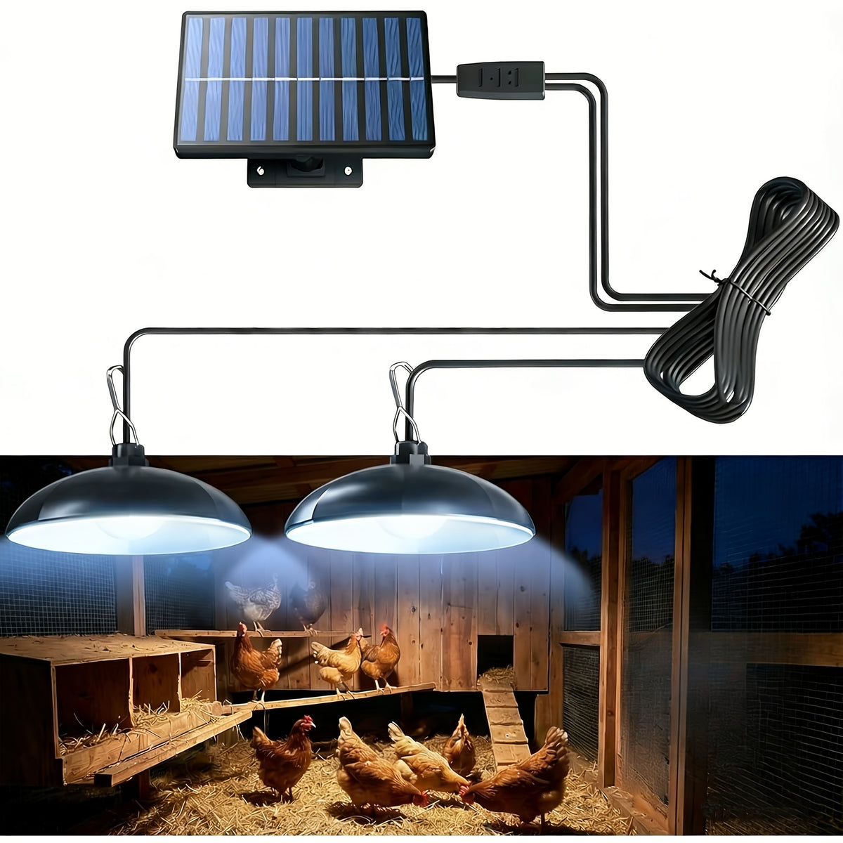 Solar Chicken Coop Pendant Light Set with Two Lamps, Remote, 3/5/8-Hour Timer, Listed 2400mAh Battery and 16.4ft Cord in White Light or Warm Light Options