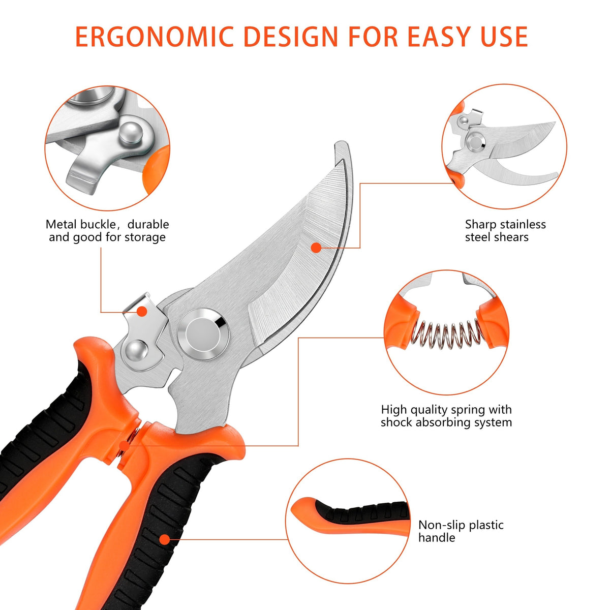 Garden Pruning Shears Set with Listed Stainless Steel Blades and Storage Bag, Five-Piece Tool Wording in Multicolor or Orange and Black for Plant Maintenance