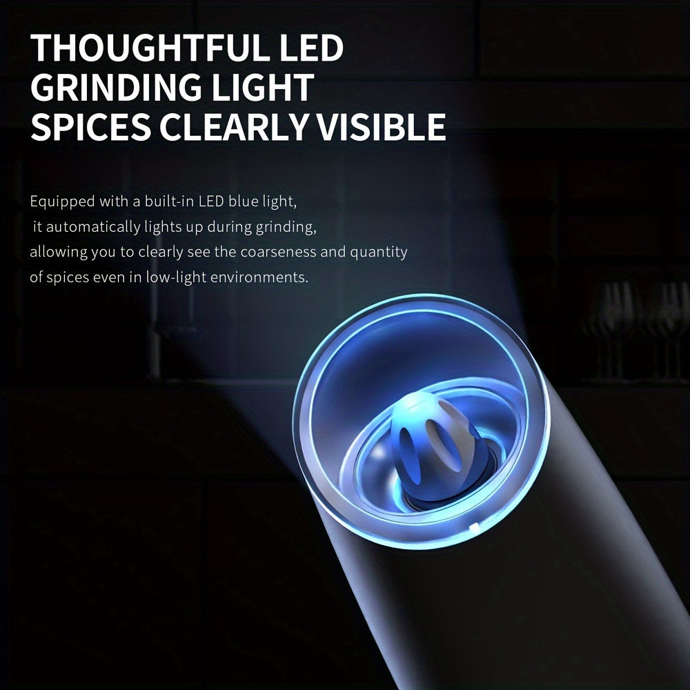 Electric Salt and Pepper Mill with Adjustable Coarseness and LED Light for Kitchen Seasoning, Single or Two-Piece Selections with Gravity-Sensing and USB Option Labels