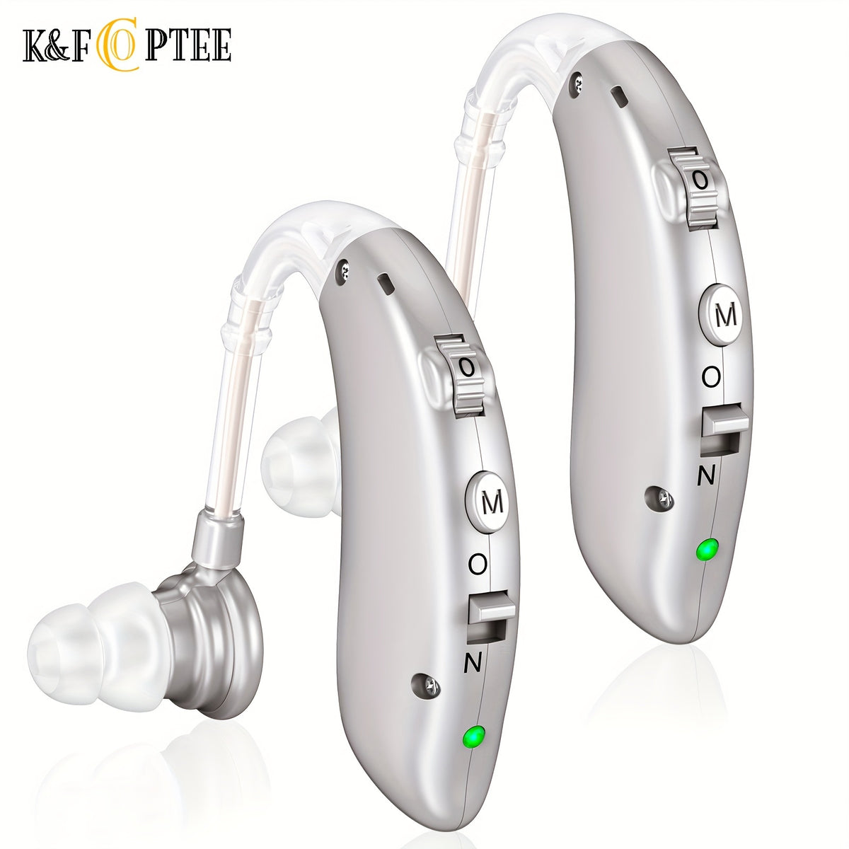 BTE Rechargeable Hearing Aids Pair with Three Frequency Modes, Four Volume Levels, USB Charging and Eight Domes in Silvery, Brown or Blue