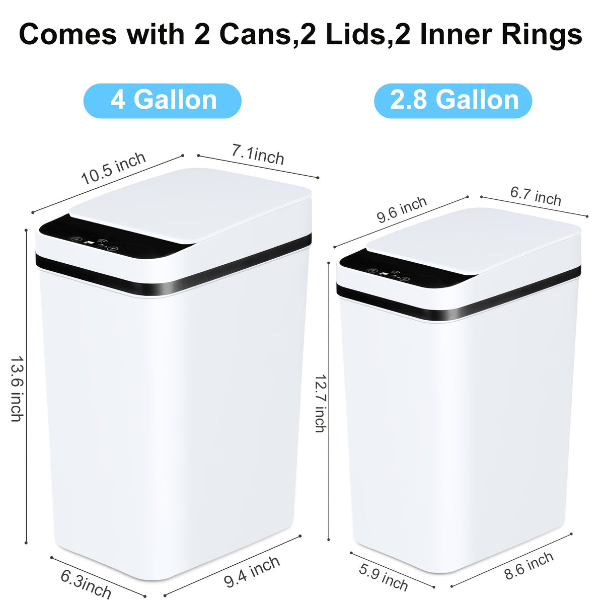 Touchless Bathroom Trash Can Set of 2, 4-Gallon and 2.8-Gallon Slim Motion Sensor Bins with Lids for Bedroom, Office and Living Room