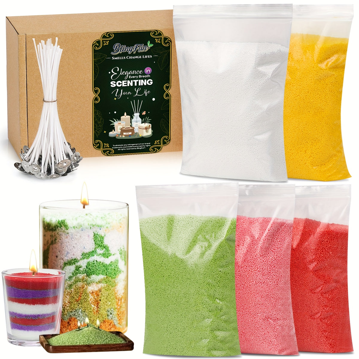 Sand Wax Candle Making Kit by BlingFun with Five Colors, 500g Total Granulated Wax and 20 Wicks for Adult Decorative Candle Crafts, Bright Color or Dark Options