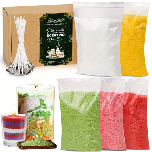 Sand Wax Candle Making Kit by BlingFun with Five Colors, 500g Total Granulated Wax and 20 Wicks for Adult Decorative Candle Crafts, Bright Color or Dark Options