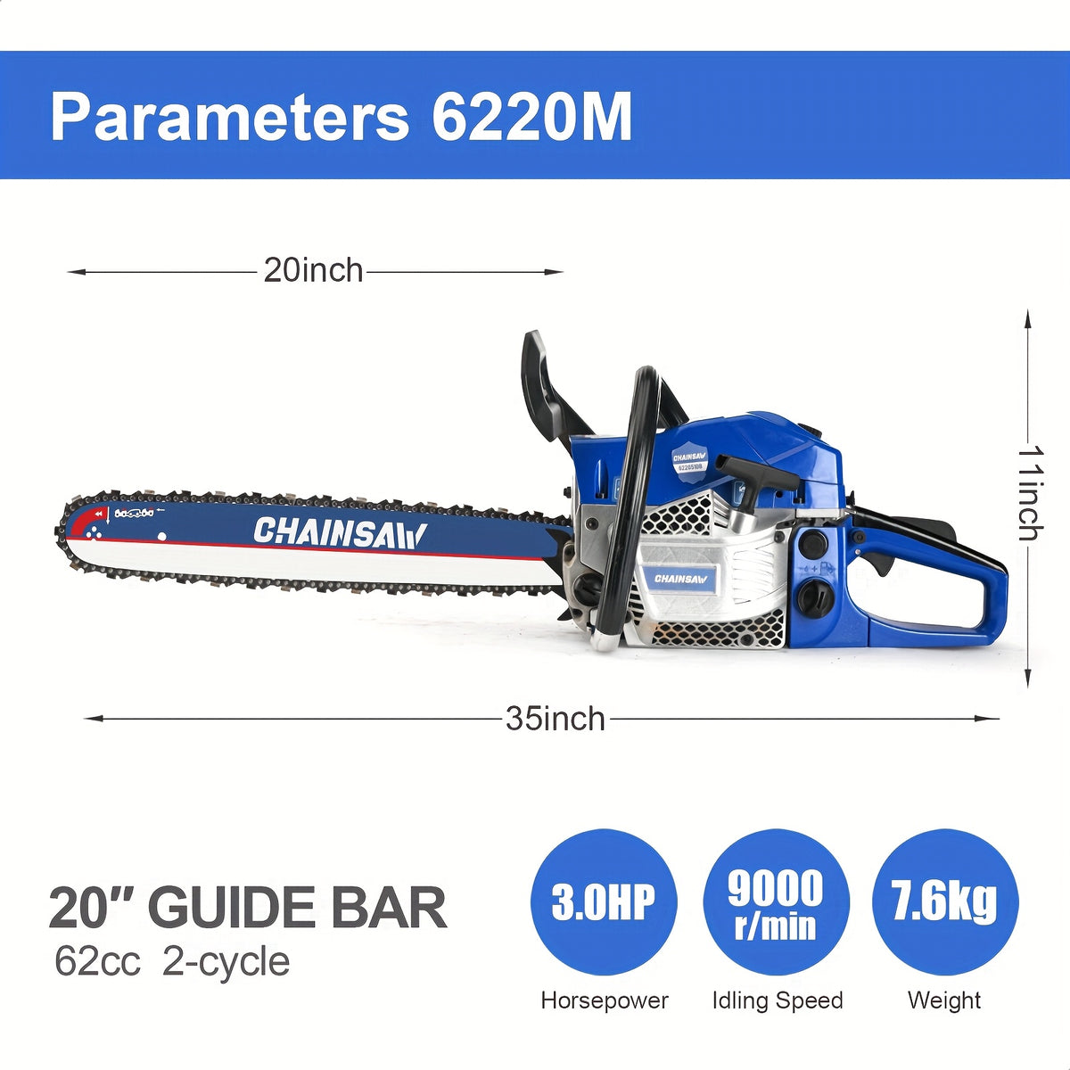 Gas Chainsaw with 62cc Two-Stroke Engine and Listed 20-Inch Bar, Four Color Options with Tool Kit, Oil Can and Bar Cover References for Outdoor Wood Cutting