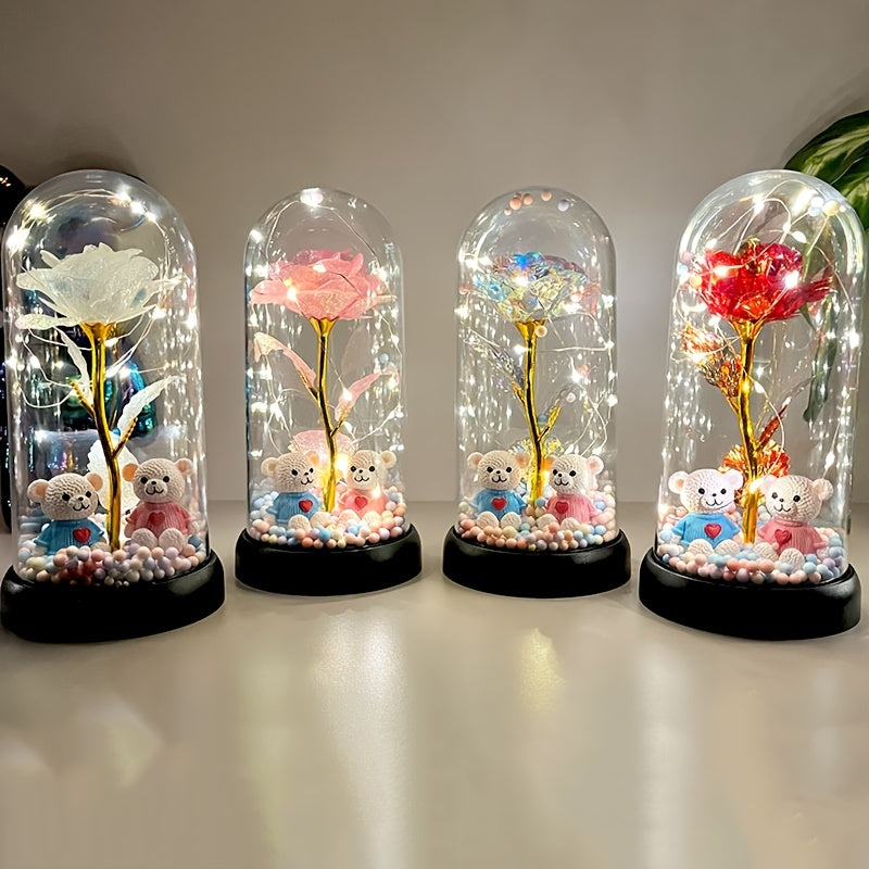 Rose Flower Dome Decoration with Illuminated, Glitter and Colorful Style Labels, Foam Ball Accents and Selected Two-Bear Designs for Tabletop Gifts