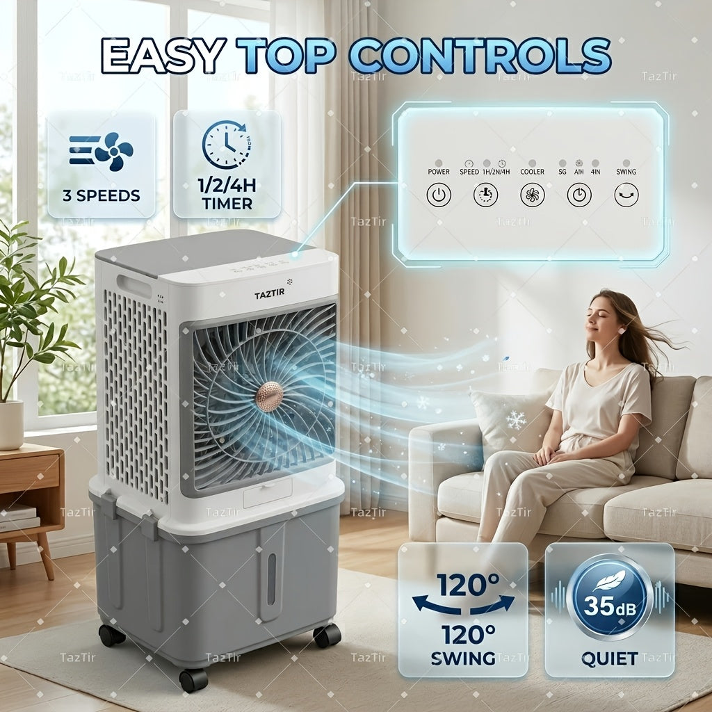 TAZTIR 2200 CFM Evaporative Air Cooler, 8.7 Gal Tank Swamp Cooler with 120° Swing, 3 Speeds, 35dB Quiet Operation and 4 Ice Packs, Portable Cooling Fan for Bedroom, Office, Patio, Garage, Warehouse and Large Spaces