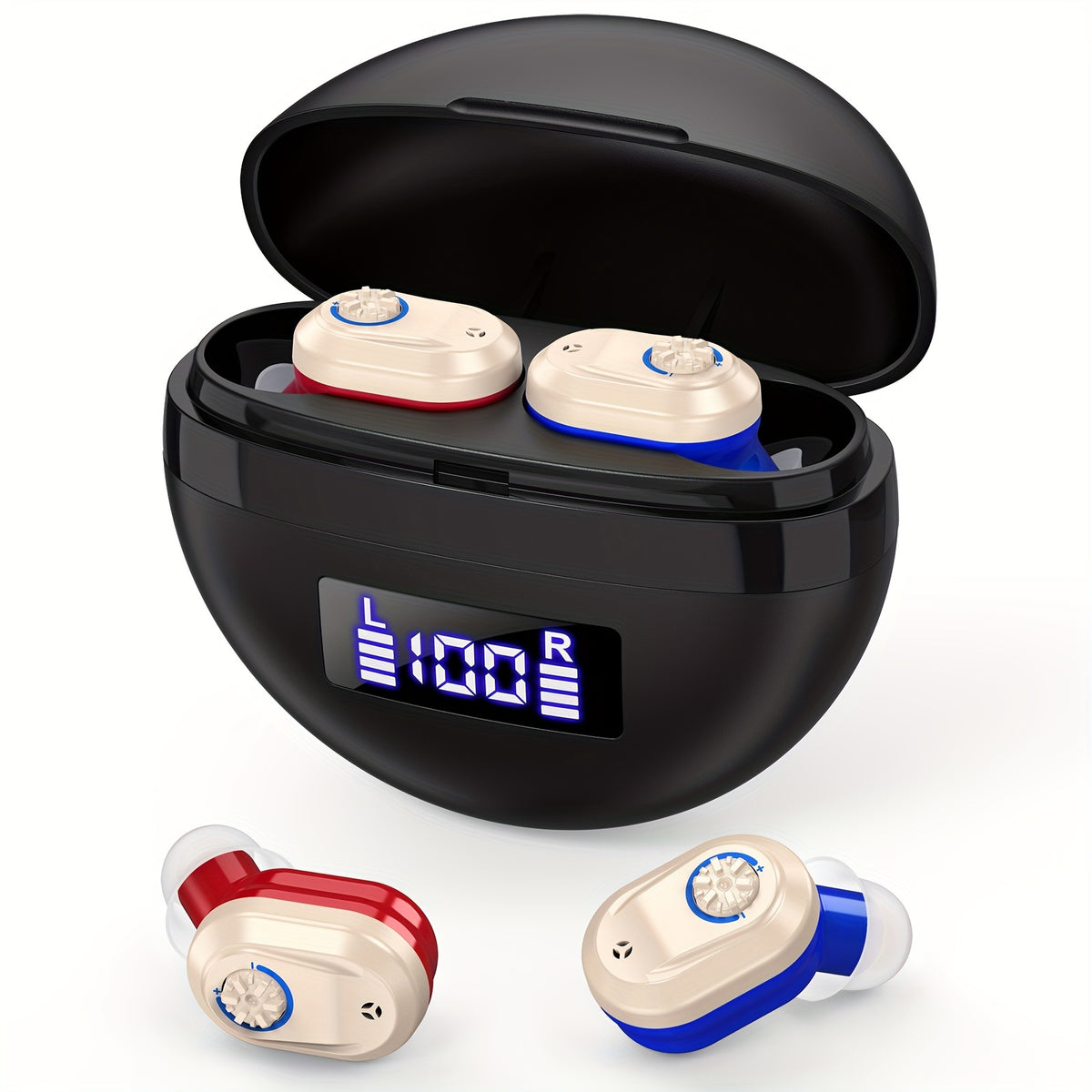 Rechargeable Hearing Device Pair K&FCOPTEE with Digital Display Charging Case, Rotary Volume Control, Six Silicone Ear Domes and Cleaning Accessories