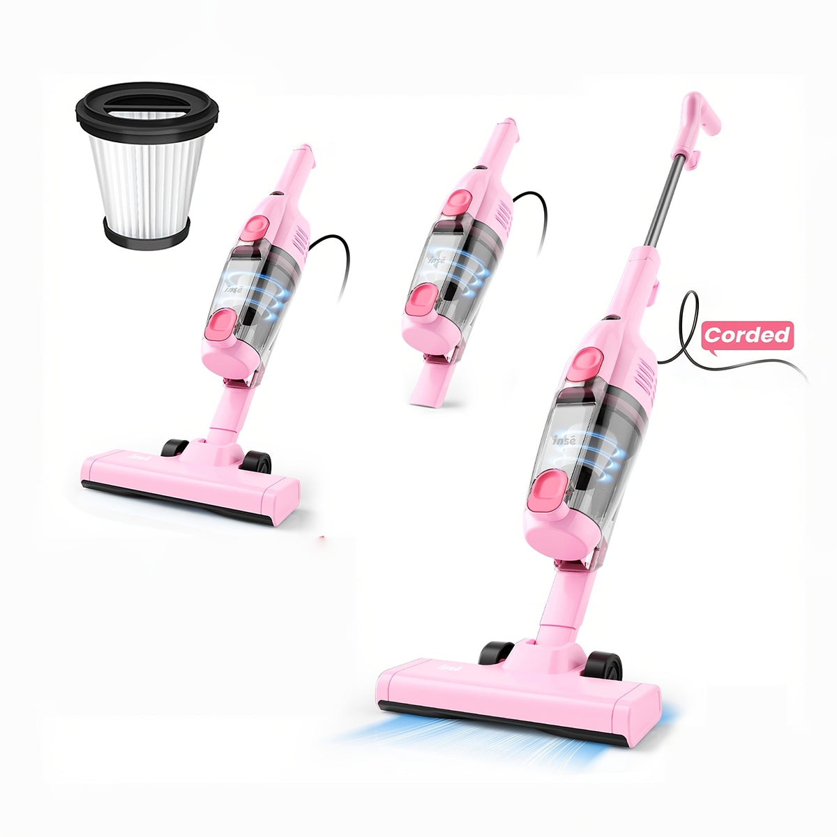 600W Bagless Stick Vacuum INSE with Listed 20kPa Suction and 18-Foot Cord, Handheld Cleaning Format in Seven Colors for Compatible Floors and Pet Hair Cleanup