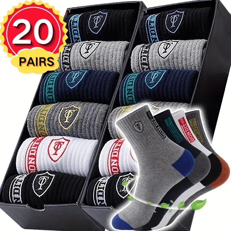 Men's Athletic Crew Socks Multipack in Mixed Colors, 5, 10, 20 or 40 Pairs with Shield and Mountain Design References for Sports and Everyday Casual Outfits