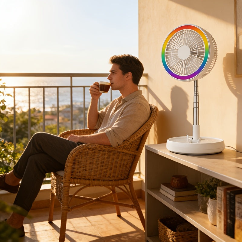 Folding Rechargeable Fan with Remote Control, 3600mAh Telescopic Portable Fan with 4 Speeds, USB Charging and 7-Color Ambient Light, Low Noise Expandable Battery Fan for Home, Office, Travel, Camping, RV and Dorm